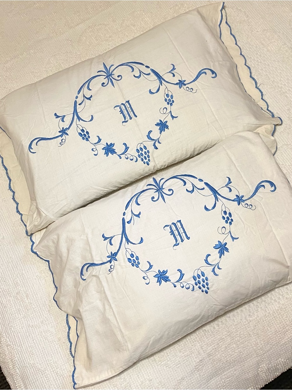 Vintage Cream Pillowcases with Blue Vine Monogram - Vintage